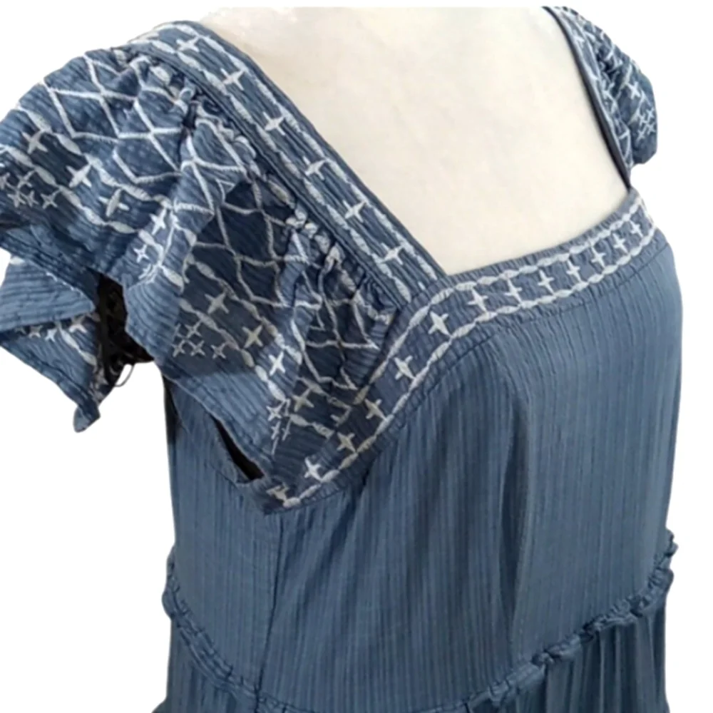 Knox Rose Blue Embroidered Tiered Midi Dress Flutter Sleeves & Pockets Small